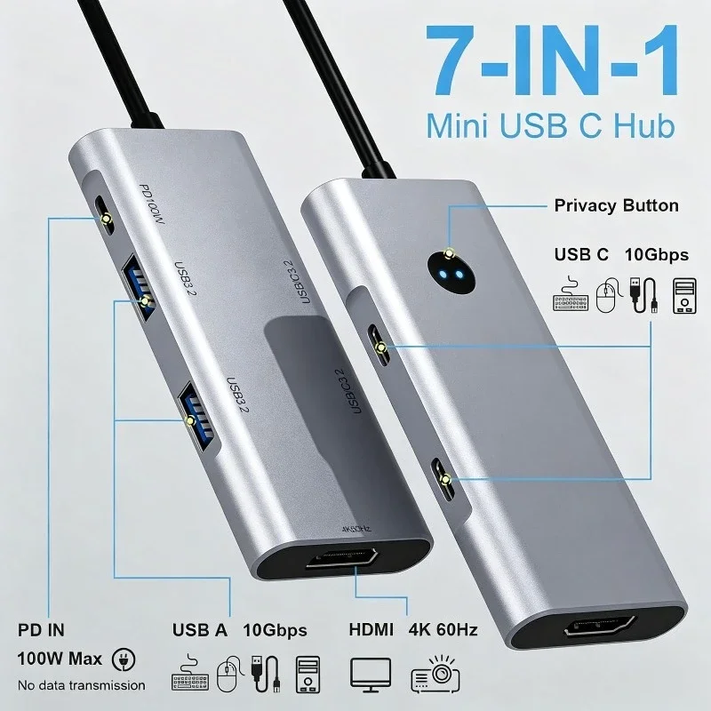 Portable 7‑in‑1 Type‑C Multiport Adapter USB3.0 5Gbps SD TF Card Reader USB‑C Hub Docking Station for MacBook Laptop Monitor
