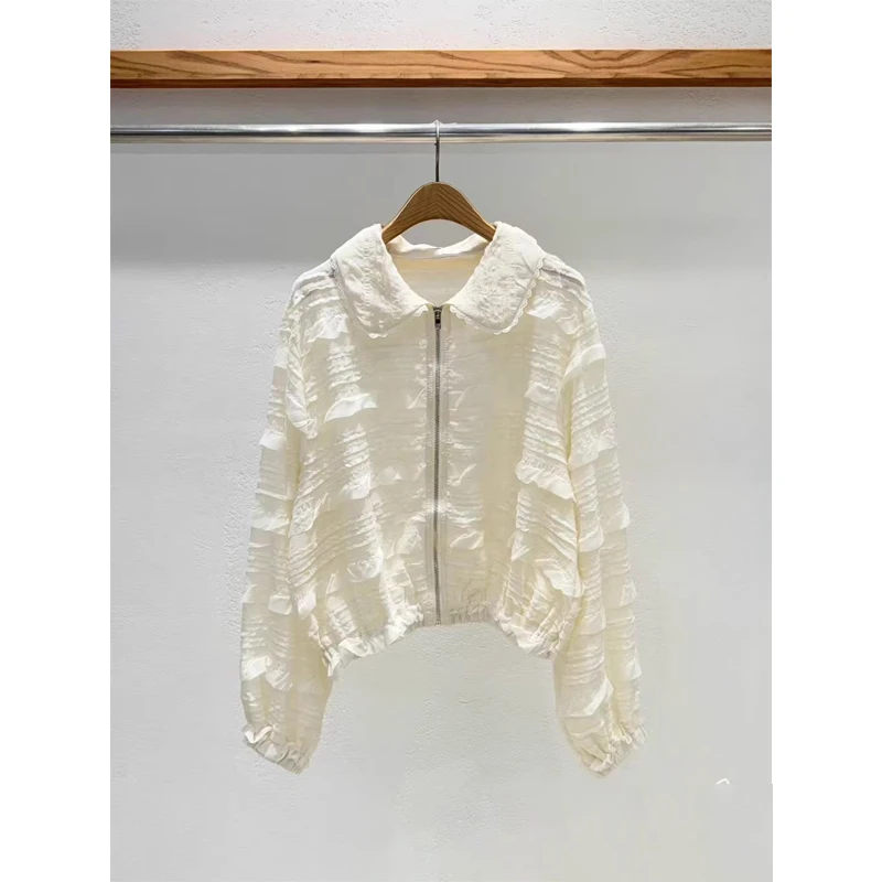 

Sweet Style Zipper Shirt Women Long Sleeve Loose Fit V-Neck Splice Lace Autumn Winter New Arrival Korean Version Top Coat
