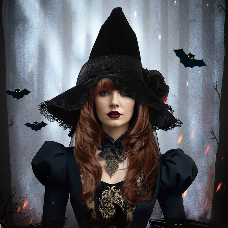 

Halloween Wide Brim Witch Hat with Feather Rose Top Pointed Caps Cosplay Wizard Caps Versatile for Women Men Masquerade Party