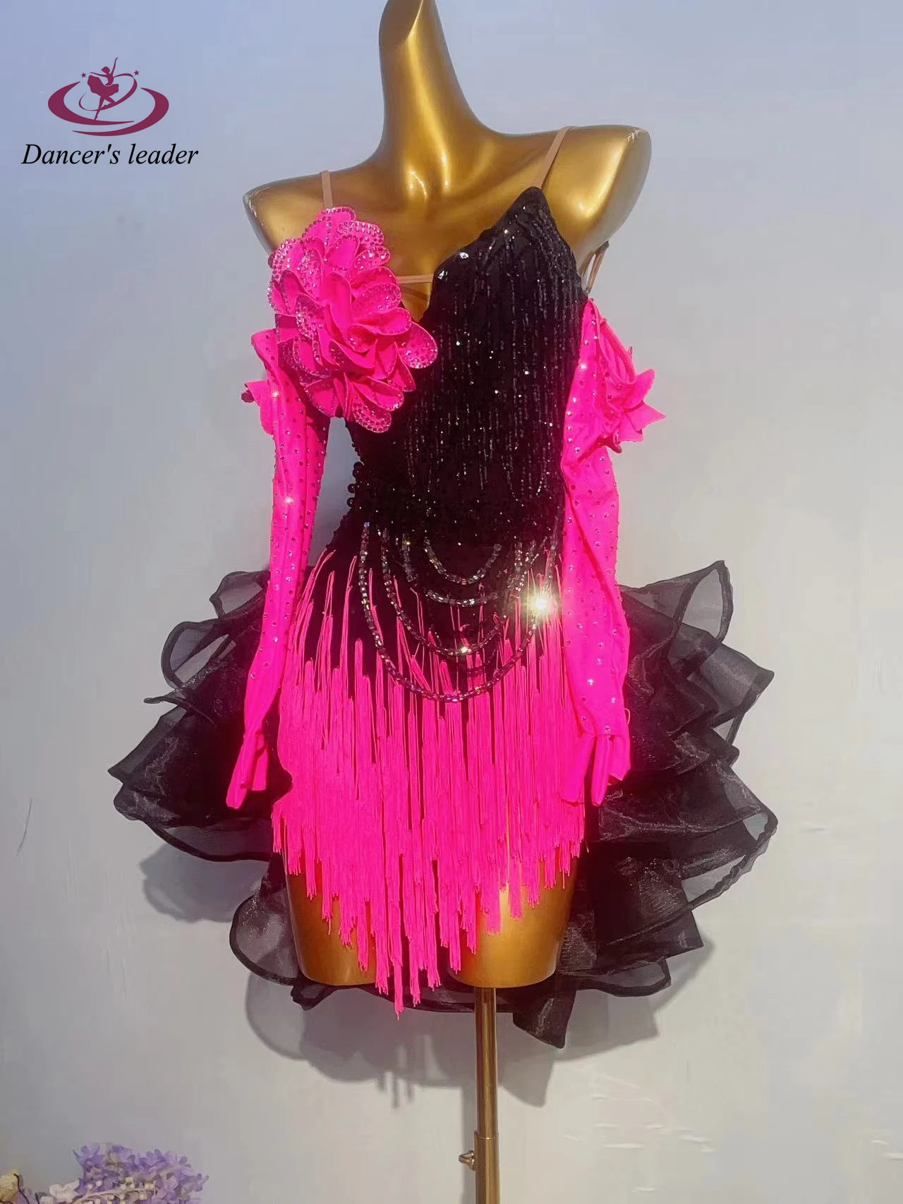 Latin Dance Practice Stage Women's Clothing High-end Custom Black Mesh Skirt Samba Rhinestone Clothing Dress