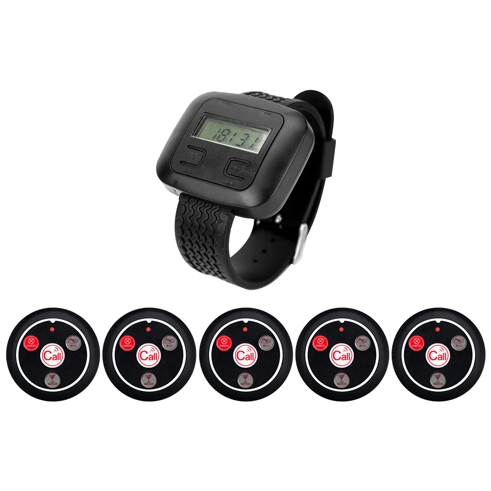 CTW02 1 Pcs Watch Receiver 5 Pcs CTT13 Table Button Restaurant Pager Waiter Wireless Calling System for Plant Hospital Bar Cafe