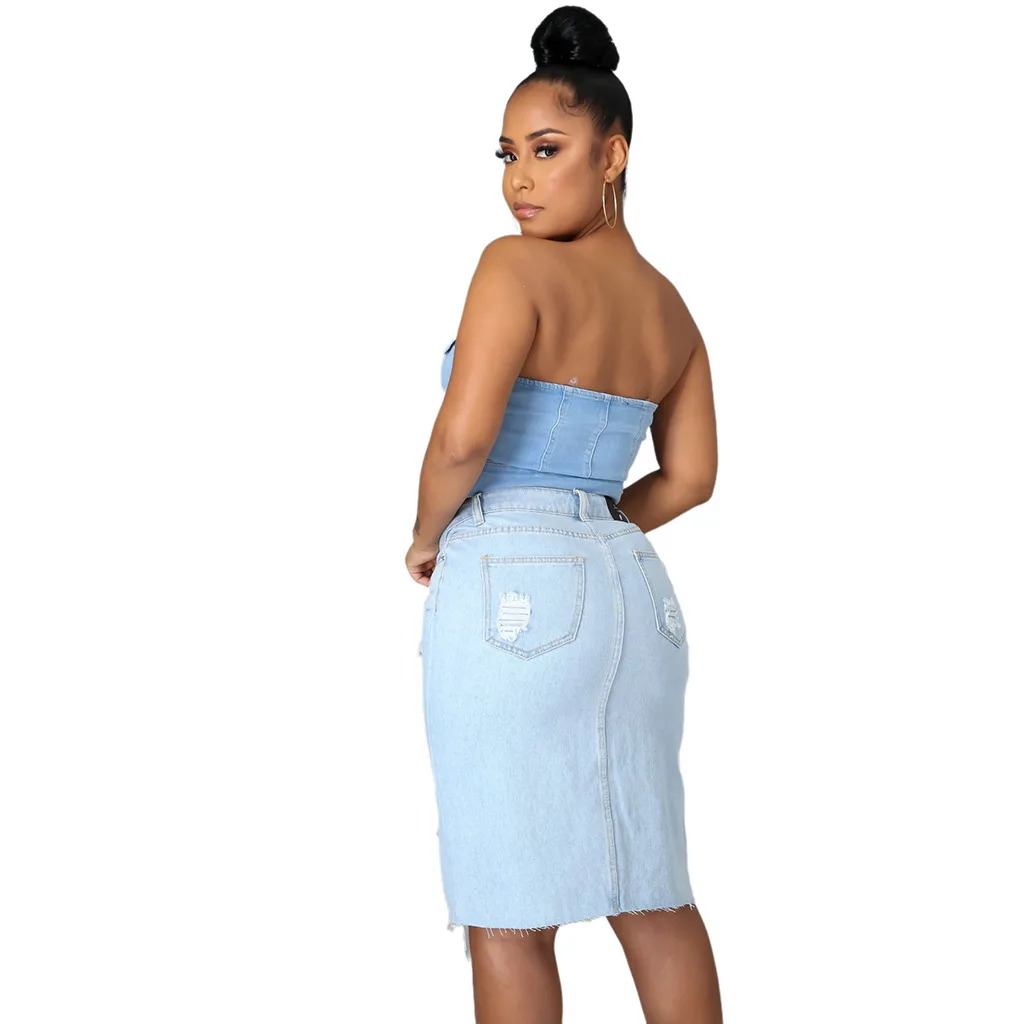 Mode Veelzijdige Gescheurde Heup Wrap Denim Stretch Rok Voor Vrouwen