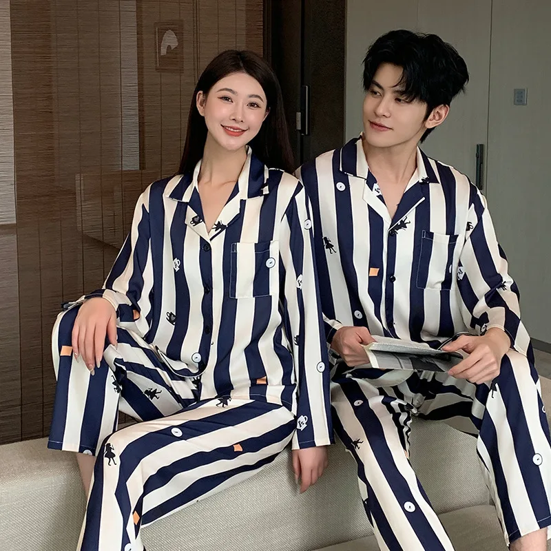 2025 Spring Autumn Couple Blue Red Stripe Pajamas Women Long Sleeve Pants Ice Silk Two Piece Set Nightgown Sleepwear Homesuit