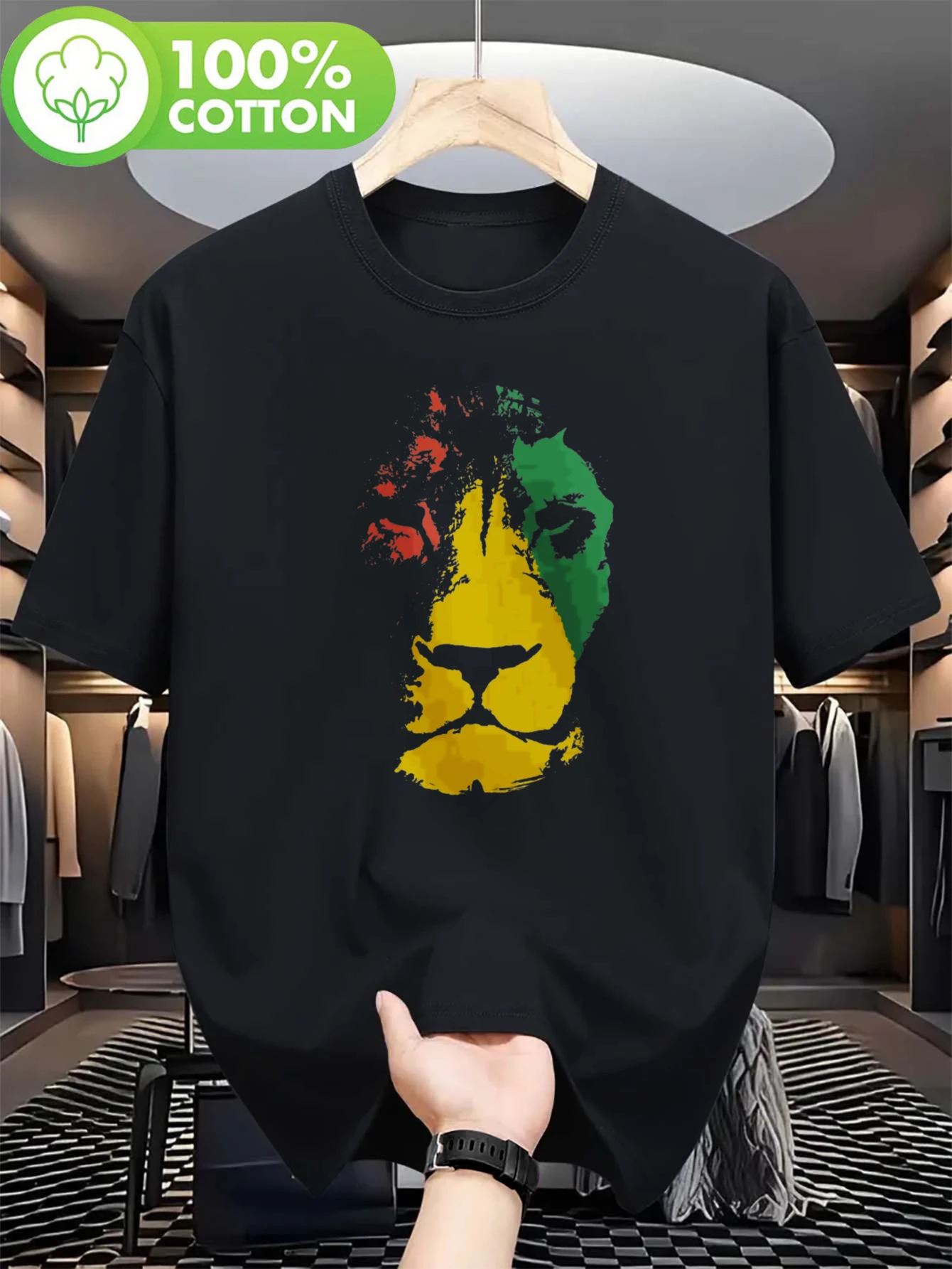 Retro Reggae Style Lion Head Graphic Mens 100% Cotton Short Sleeve T Shirt Jamaica Rasta Color Animal Print Loose Street Aesthet