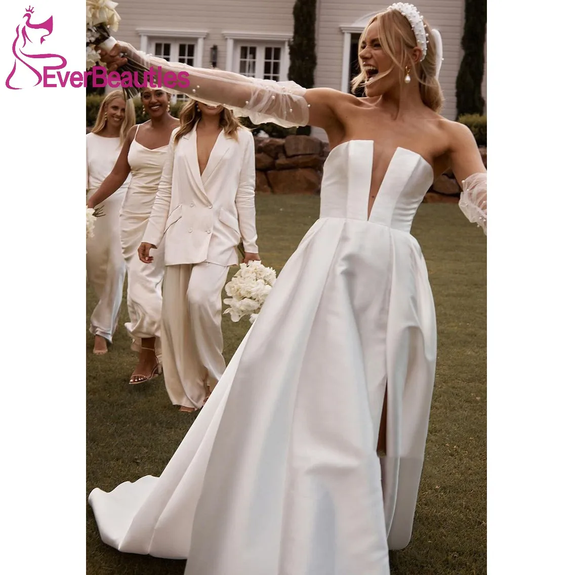 Boho Wedding Dress 2024 Satin Robe De Mariee A Line Beach Wedding Gown for Women Vestidos De Novia Side Slit Bridal Dress