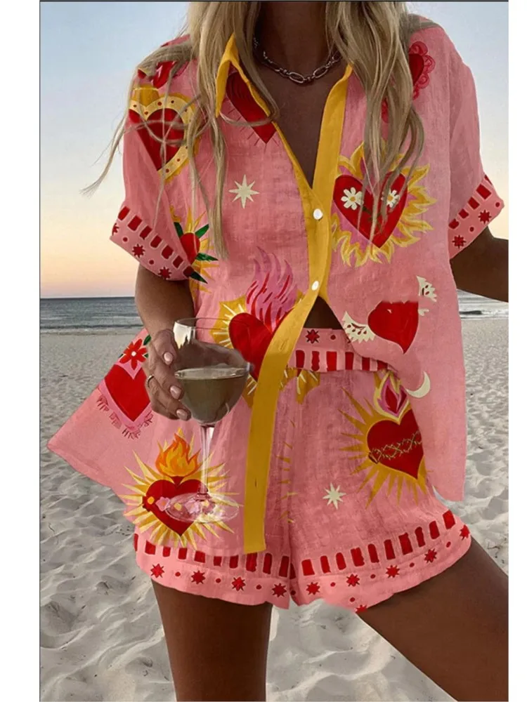 Fashion Casual Printed Two Piece Set Women Summer Comfort Holiday Color Colorful Button Short Sleeves Shirts And Shorts 2 Sets