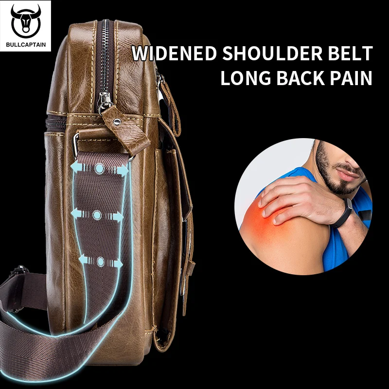 حقيبة كتف من الجلد الطبيعي للرجال من BULLCAPTAIN ذات سعة كبيرة للسفر الرياضي في الهواء الطلق