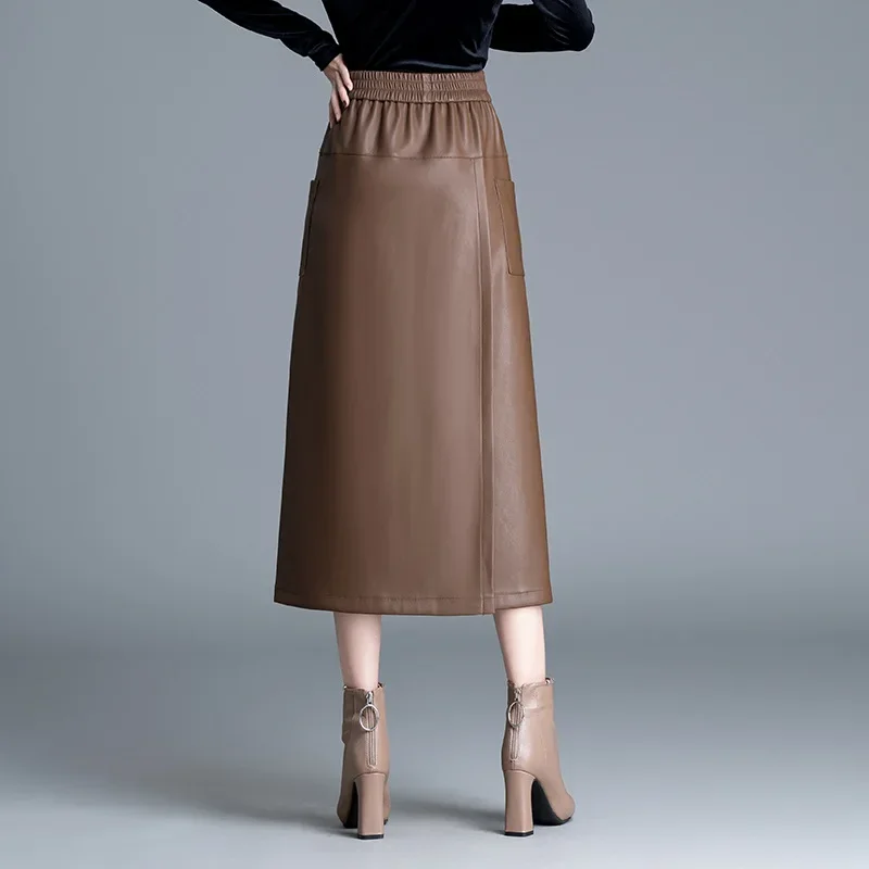 2025 women's  long, fashionable PU leather skirt, pleated A-shaped casual pendulum, straight medium and long skirt