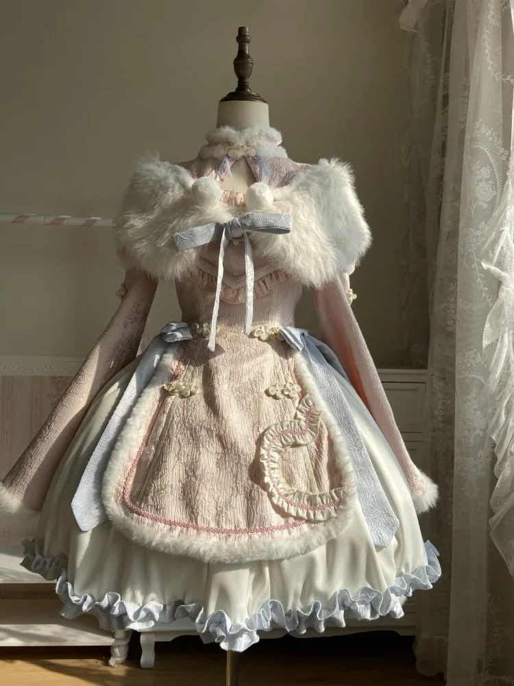 

Winter New Cute Girly Design Sense Sets New Year Fur Robe + Long Sleeved Dress Suit Kawaii Bow White Shawl Two-piece Set 2025