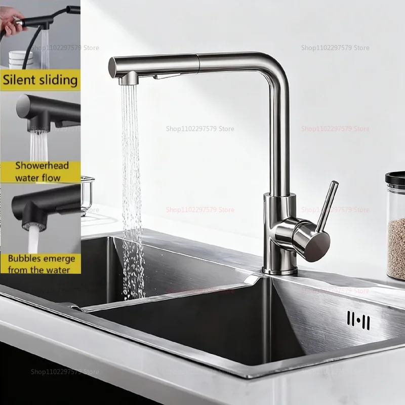 Black and Silver Pull Out Kitchen Faucet with Telescopic Spout Dual Spray Mode Stainless Steel Hot Cold Water Faucet for Kitchen