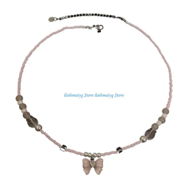 573B Gargantilla con colgante lazo único, cadena clavicular elegante, joyería con cuentas rosas para cuello