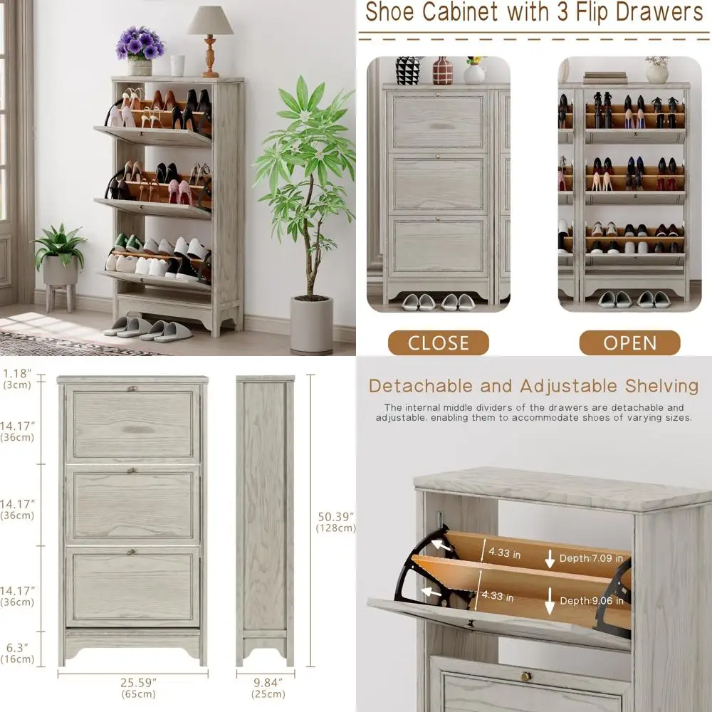 freestanding solid wood shoe cabinet with flip-up doors and adjustable shelves for entryway storage