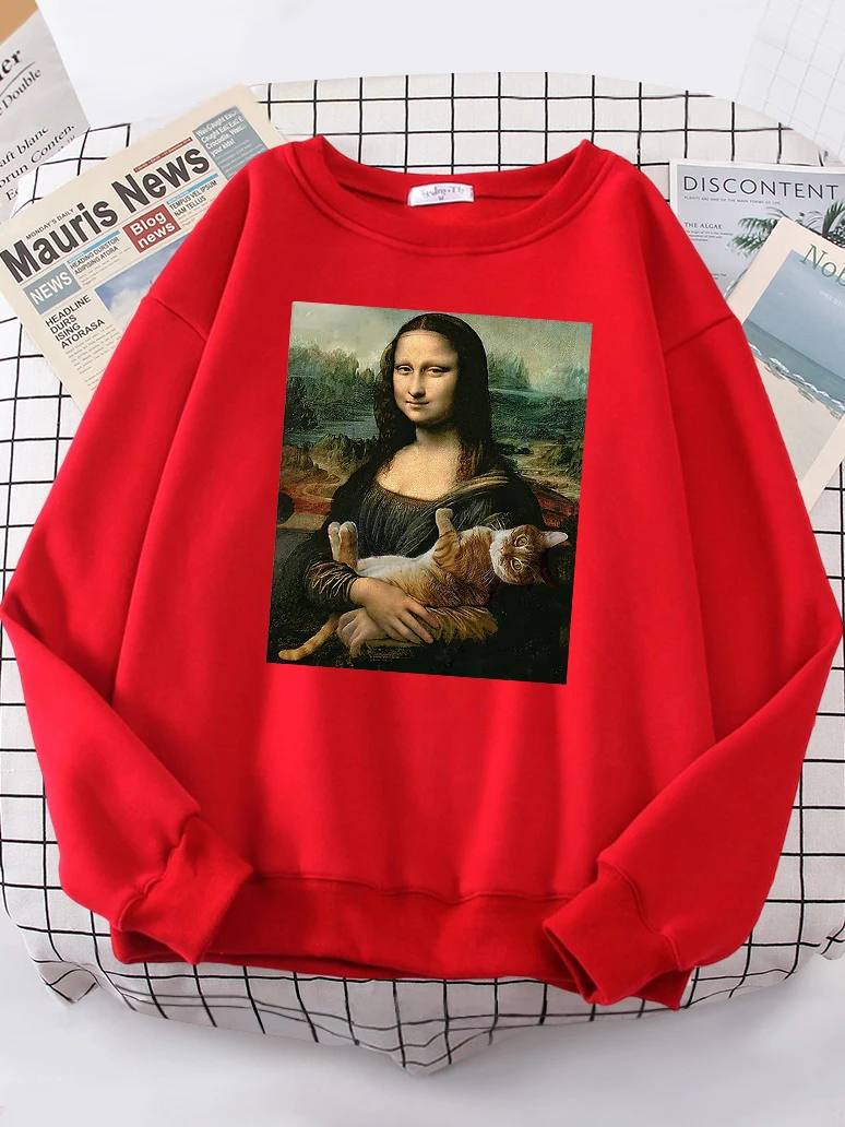 T Shirts Mona Lisa Hugging Cat Kawaii Female Hoodies Fashion Casual Hoodie Oversize Loose Sweatshirts Warm Fleece Clothing Women