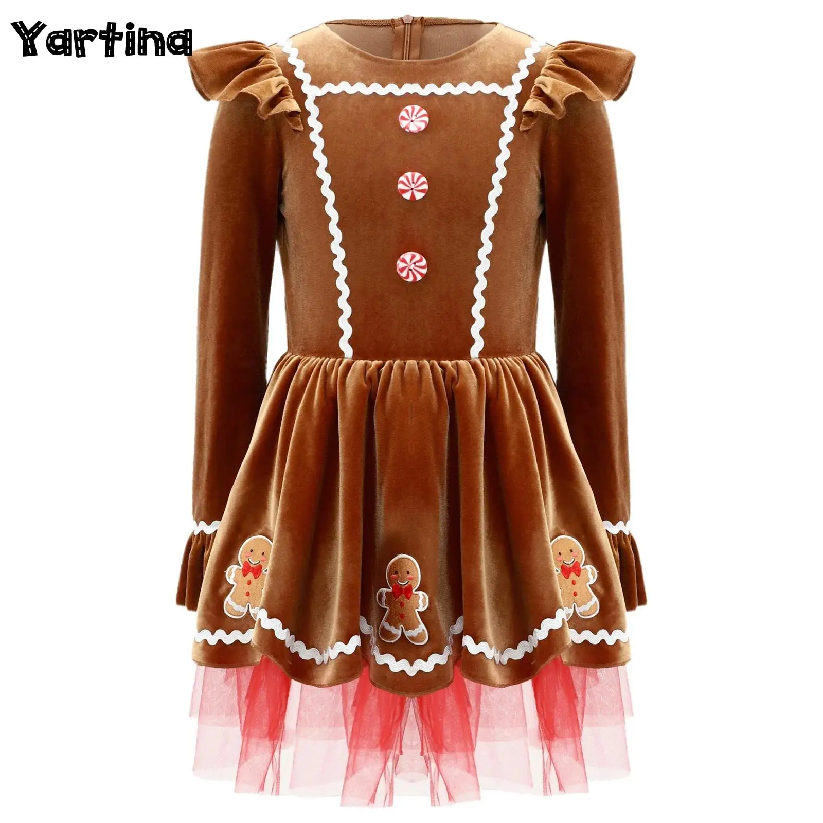 

Kids Girls Christmas Xmas Gingerbread Man Cosplay Costume Back Invisible Zipper Built-In Crotch Buttons Briefs Ballet Tutu Dress