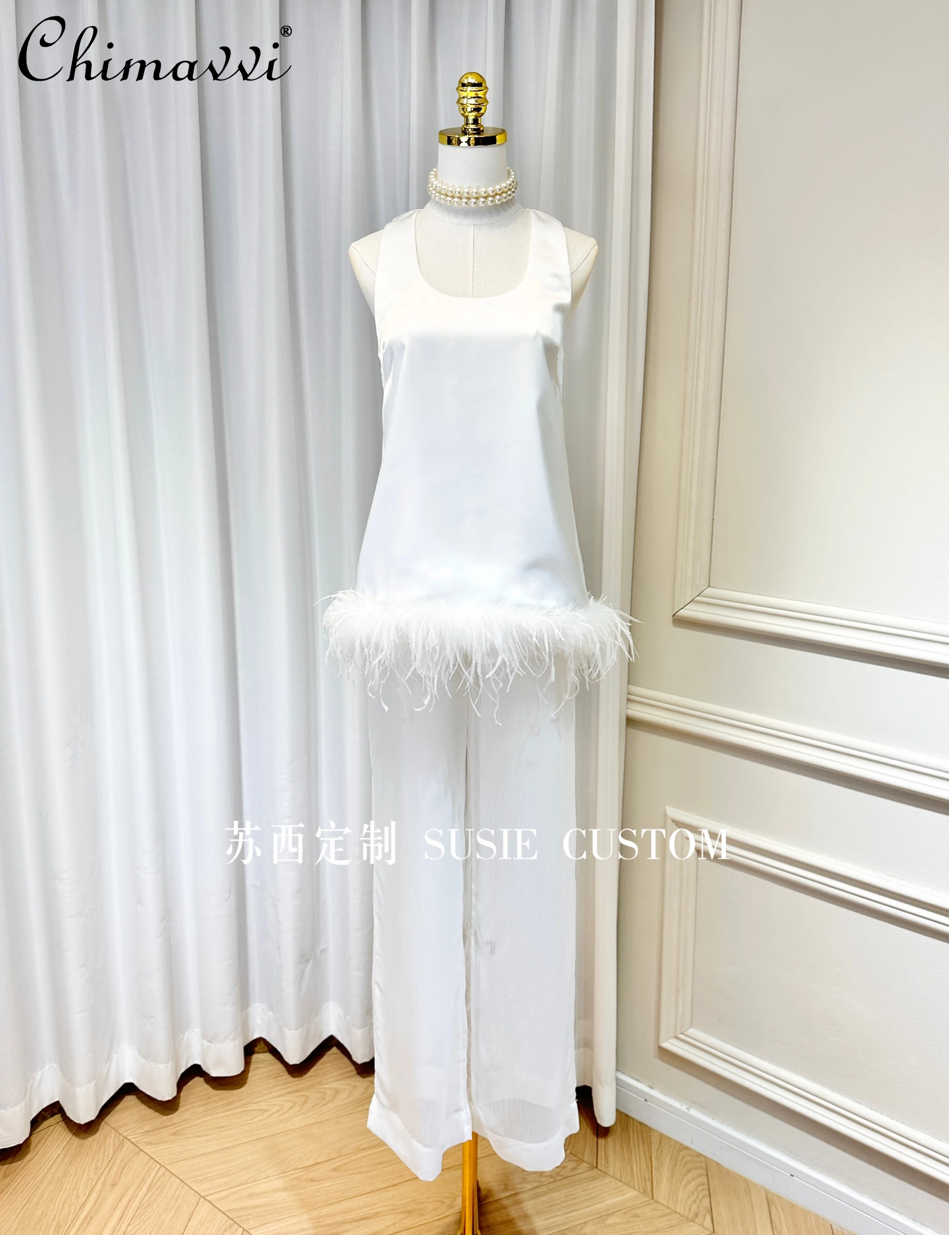 

Simple Commute Round Neck Sleeveless Feather Stitching A-Line Vest Top High Waist Straight Long Pants Two-Piece Set for Women