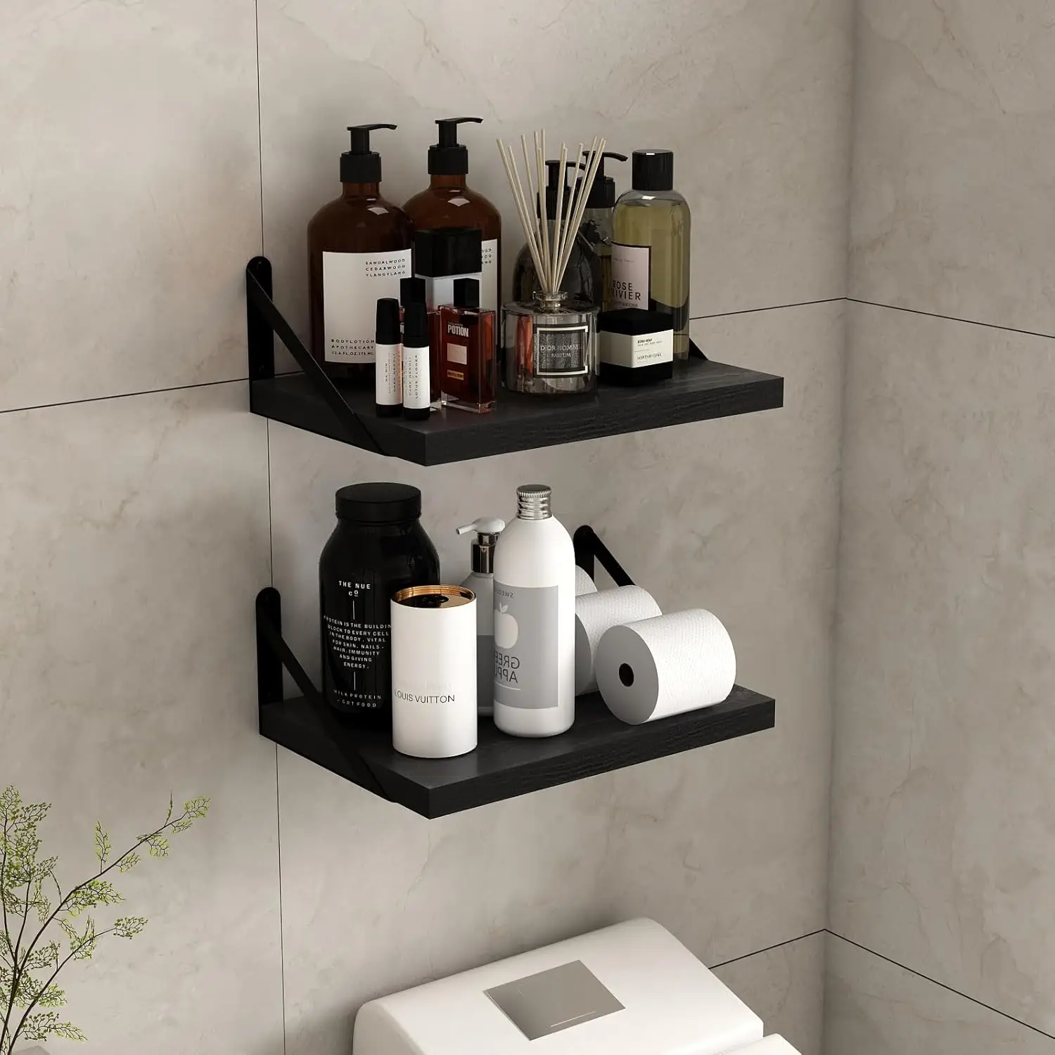 Плавающие полки Настенная книжная полка для спальни, ванной комнаты, деревянная настенная широкая глубокая полка для хранения, набор из 2 настенных полков с черной росписью