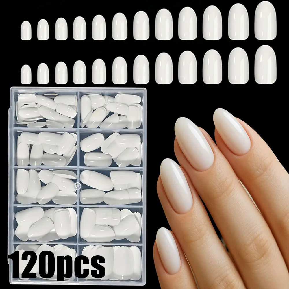 120Pcs White Short Oval Press On Nails Full Cover Natural Acrylic Fake Nail Tips Solid White Glossy False Nails for Daily Wear12