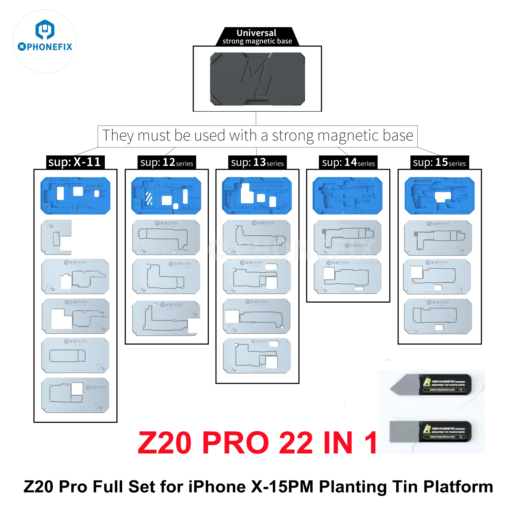 Mijing-Plataforma de plantilla reballing para iPhone X-15 Pro Max, accesorio de reparación de soldadura de placa base, Marco medio BGA, 22 en 1, Z20