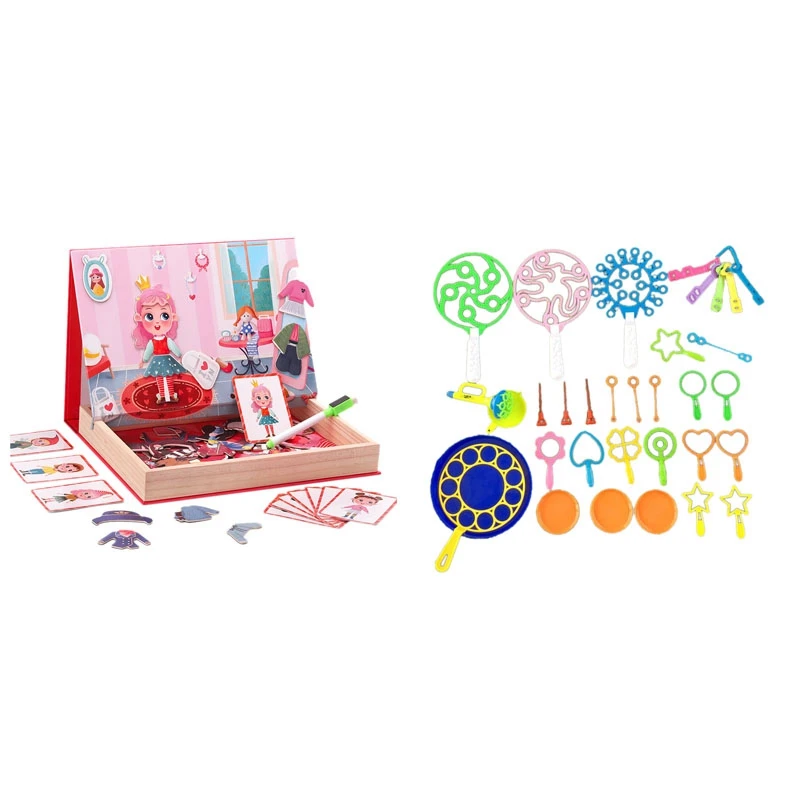 

Набор забавных красочных палочек из пузырчатой палочки и 1 Набор Магнитных двусторонних пазлов, Мультяшные Пазлы для девочек, игрушечная белая доска, 29 шт.