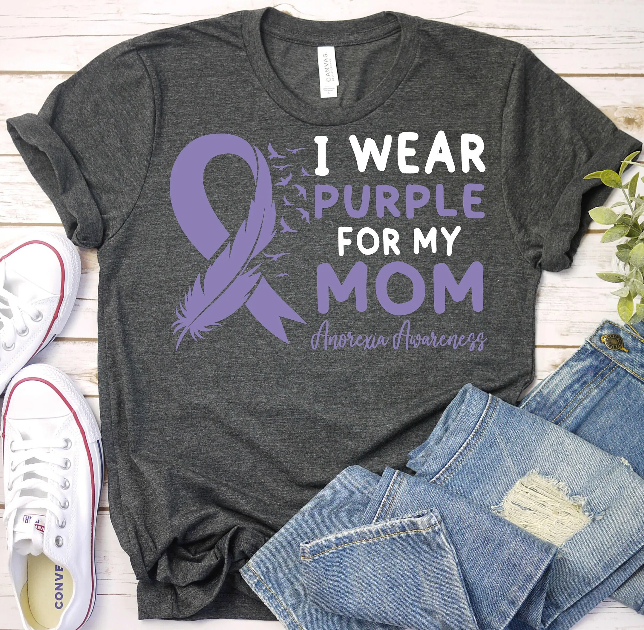 Anorexia Awareness T Shirt Support Mom Fighter Eating Disorder Purple Ribbon Survivor