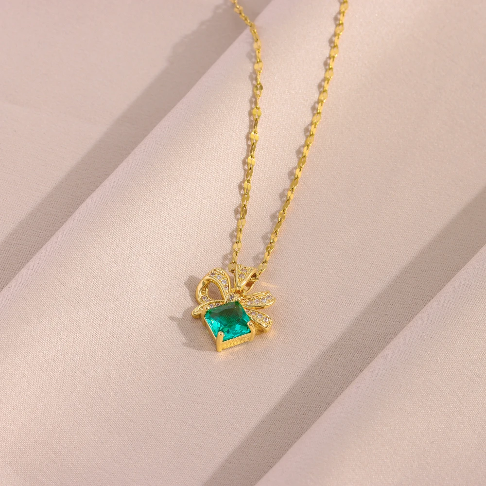 New Retro Blue Zircon Bowknot Necklaces Earrings For Women Trendy 18K Gold Plated Female Stainless Steel Jewelry Set Wholesale