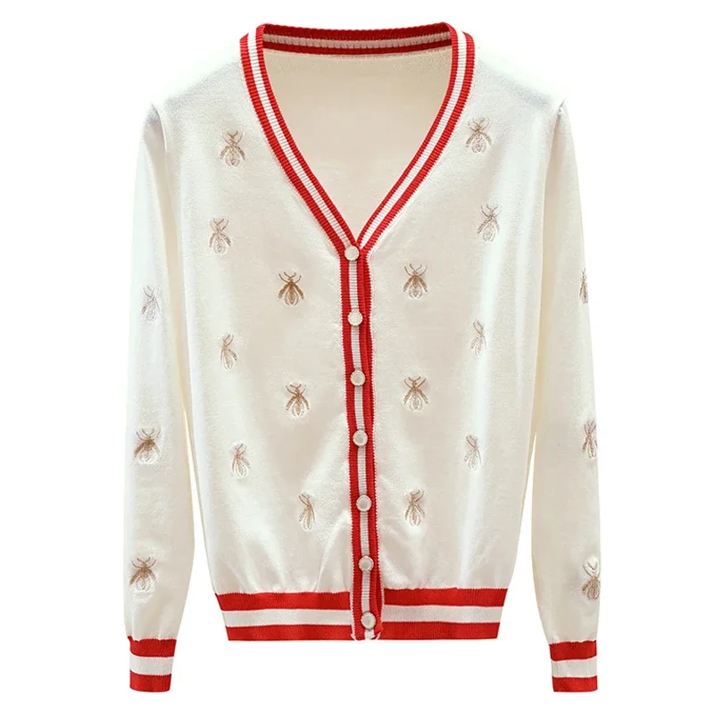 High Quality Fashion Designer Bee Embroidery Cardigan Long Sleeve Single Breasted Contrast Color Button Knitted Sweaters