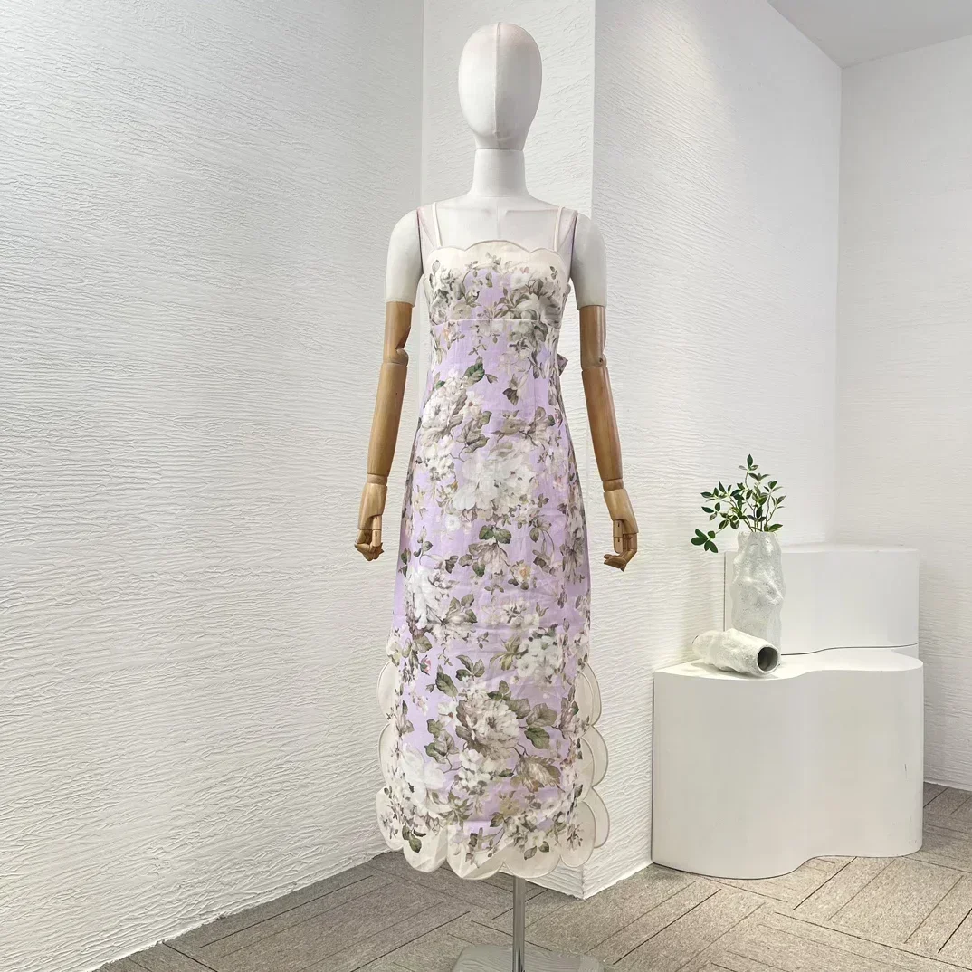 Pure Linen 2024 New Elegant High Quality Purple Floral Print Sleeveless Backless Cut Out Women Camisole Tube Midi Dress