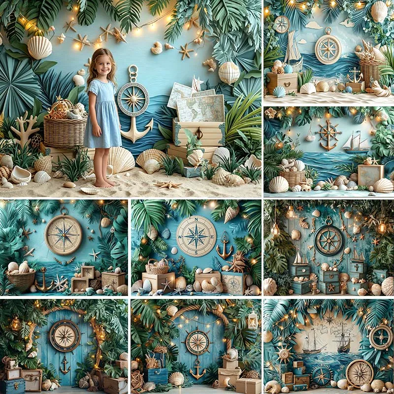 LS Photography Background Summer Palm Tree Sailing Compass Seashell Decor Baby Shower Kids Birthday Party Photo Backdrop Banner