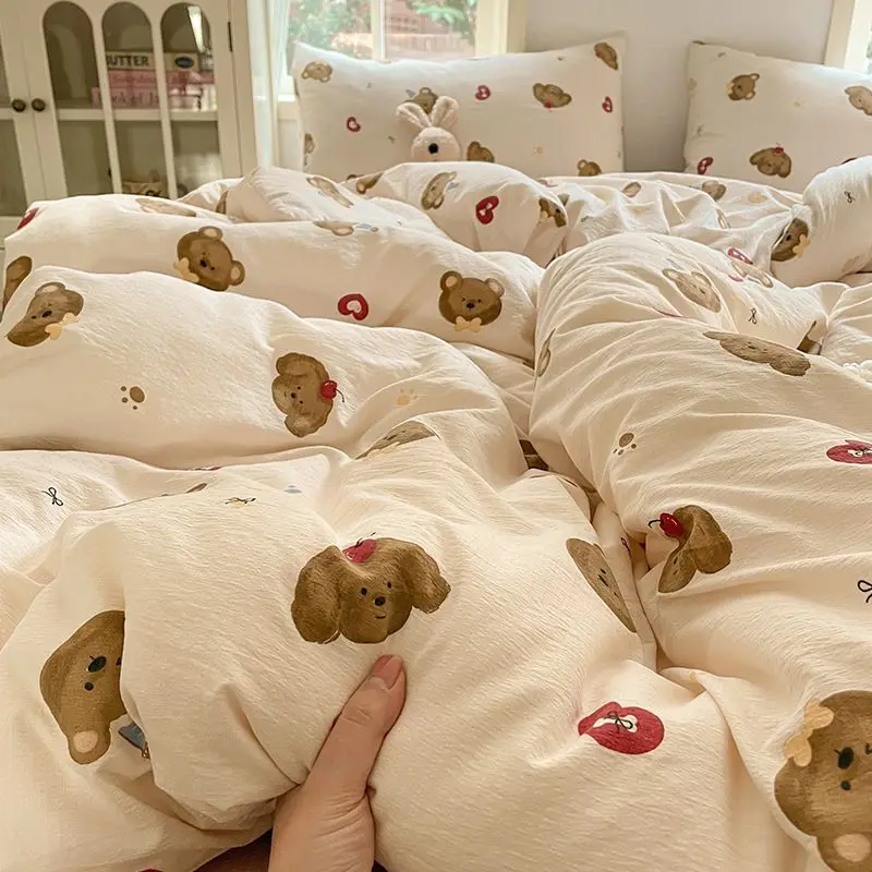Ins Korean Style Bedding Set 2025 New Washed Cotton Cartoon Bear Bed Sheet Set for Girls Duvet Cover Set Pillowcase No Filling
