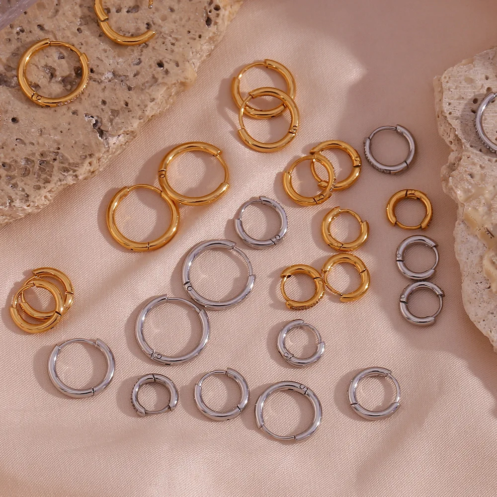 Stainless Steel CZ Hoop Huggie Earrings, 18K Gold Plated Waterproof Round Click Hoop Earrings Trendy Fashion Jewelry for Women