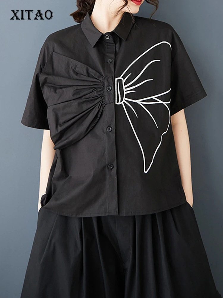 

XITAO Three-dimensional Blouse Contrast Color Patchwork Turn-down Collar Single Breasted Short Sleeve Summer Shirt ZY8928