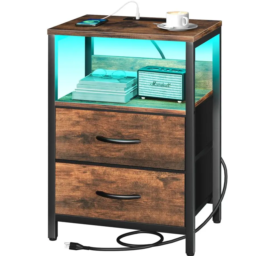 

Nightstand with Charging Station, LED Night Stand with Fabric Drawers and Storage Shelf for Bedroom, Nightstands Bedside Tables