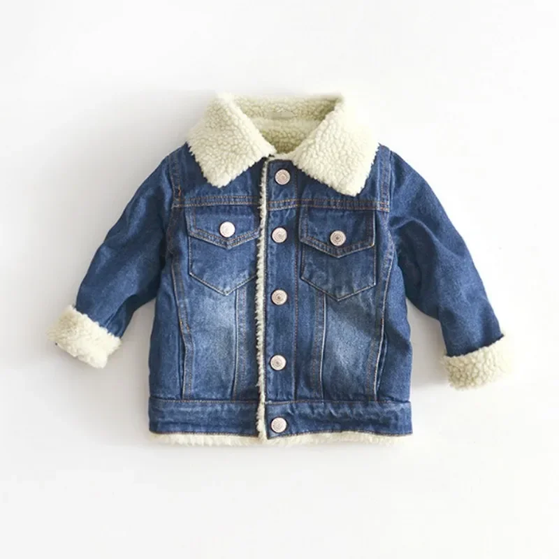 

2024 Jacket For Girls Boys Autumn Winter Plus Cashmere Thicken Jeans Coat Children Clothes Warm Fashion Baby Denim Jackets 2-6Y