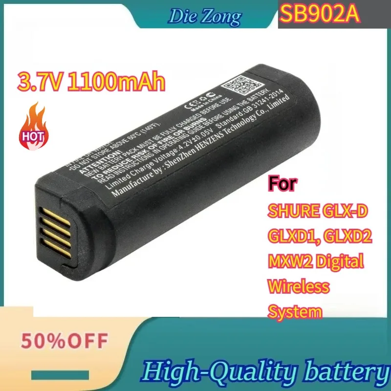 

New Battery SB902, SB902A For SHURE GLX-D GLXD1, GLXD2 MXW2 Digital Wireless Systems 3.7V 1100mAh