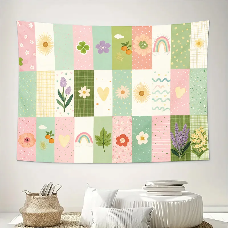 Cottagecore Floral Patchwork Curtains Day Use Semi Translucent Window Drapes Pastel Rainbow Spring Style Panel Window Treatment