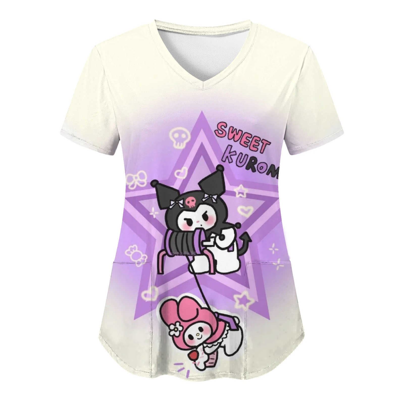 Kuromi Hello Kitty Sanrio Cartoon Summer 3D Print V Neck T-shirt Y2k Tops Woman 2024 New Pocket Women T-shirts Top Nurse Uniform