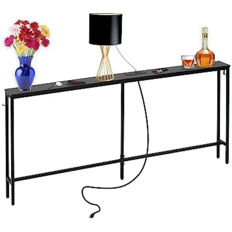 Console Table with Charging Station 63 Inch Narrow Sofa Table Entrance Table with Socket and USB Port Easy To Assemble