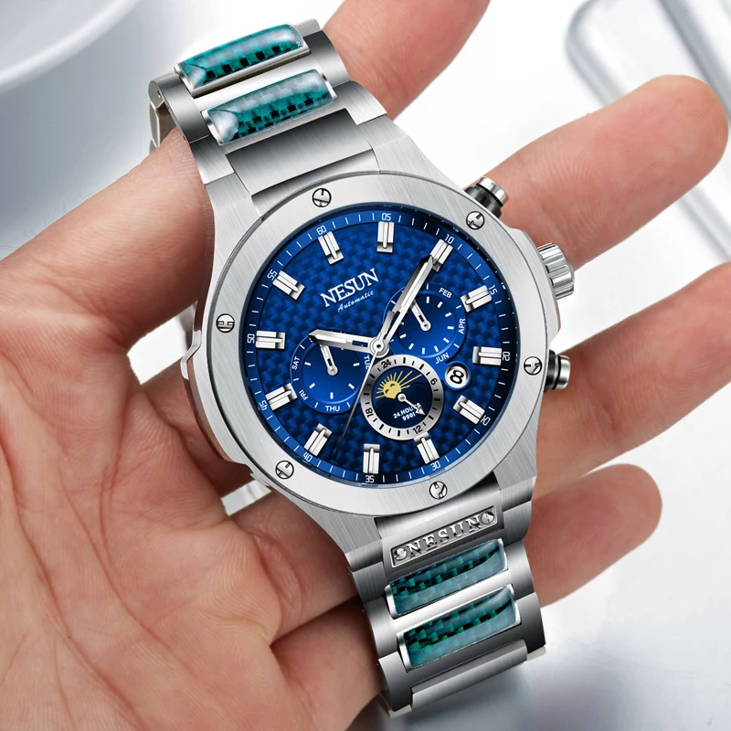 NESUN men's automatic mechanical watch, luminous fashion skeleton flywheel men's watch, calendar and day function