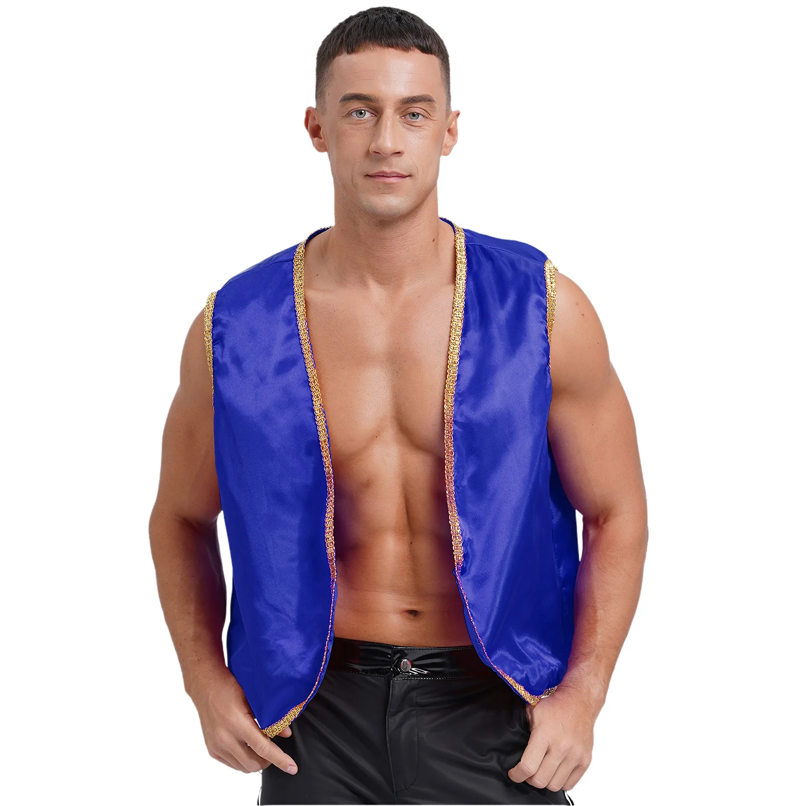 Men's Orient Gilet Sleeveless Open Front Jacket Festival Vest Arab Prince Lamp Cosplay Outfits Golden Border Stain Vest Tops