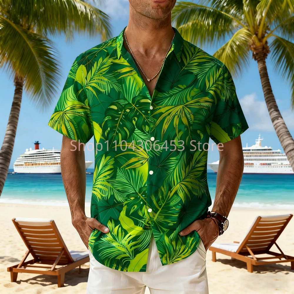 

Men's 10-color Leaves Flowers Big Red Big Green 3D Printed Short-sleeved Lapel Hawaii Beach Party Thin Breathable Casual Shirt