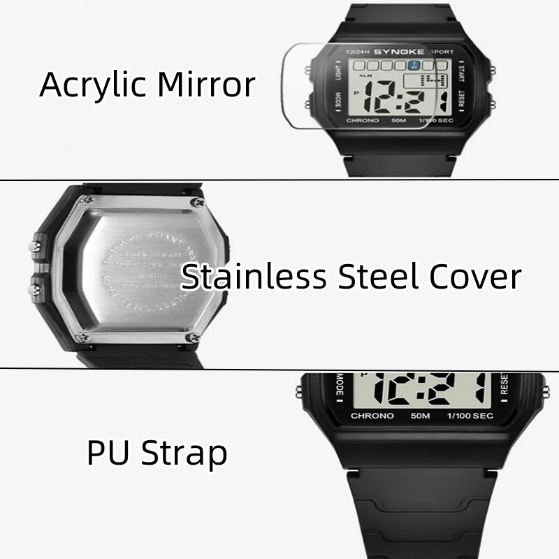 Synoke Waterproof Digital Sport\'s Watches PU Strap Retro Simple 12/24 Hour Display Men\'s Multifunction Led Chronograp Wristwatch