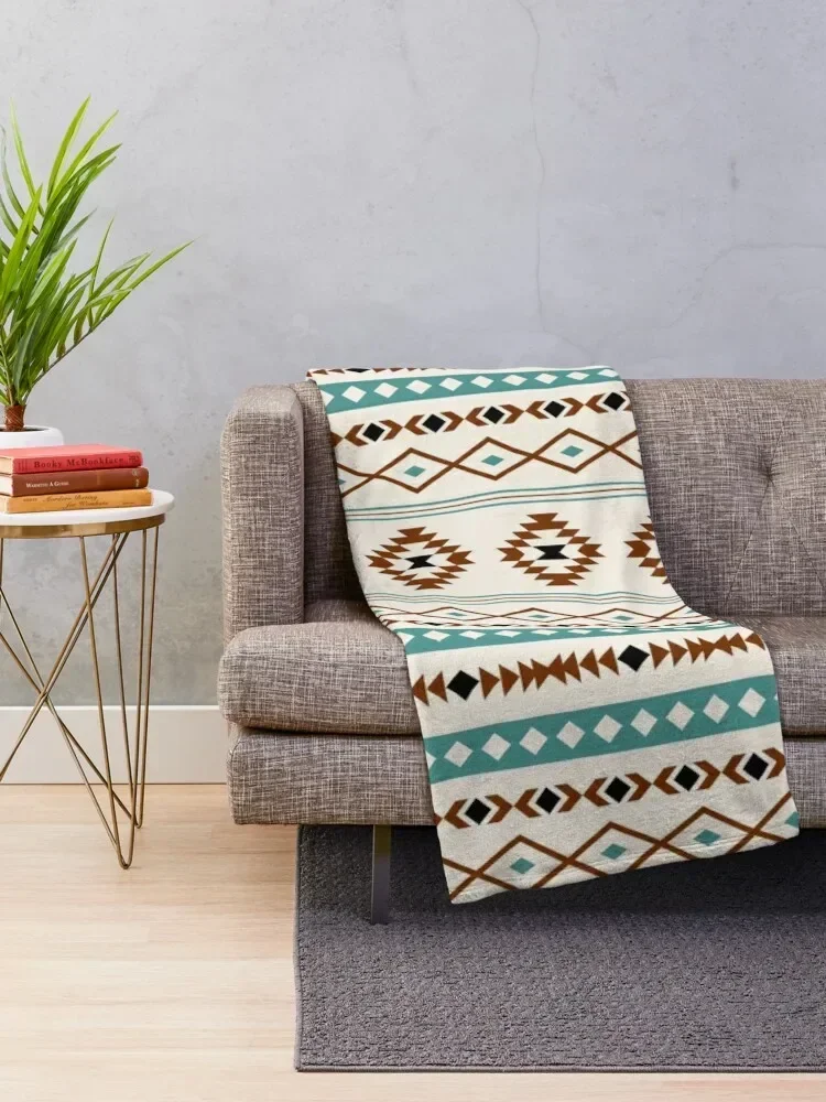 Aztec Teal Terracotta Black Cream Mixed Pattern Throw Blanket Travel Flannel Fabric Cute Plaid Hairys Blankets