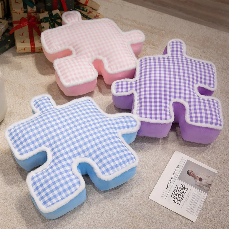 Grazioso puzzle peluche cuscino imbottito accogliente cuscino a quadretti colorato morbido cuscino per divano sedia arredamento creativo per la casa