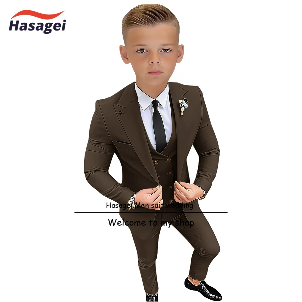 Boys Tuxedo Slim Fit Suit 3 Piece Peaked Lapel Kids Tuxedo Boys Formal Suit Jacket Vest Pants