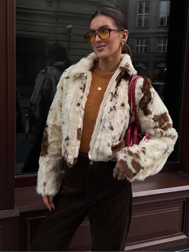 

женская мода печатных женщин пушистый искусственный мех пальто элегантный лацкан с длинным рукавом пальто зима утолщенной высокой улице теплое пальто