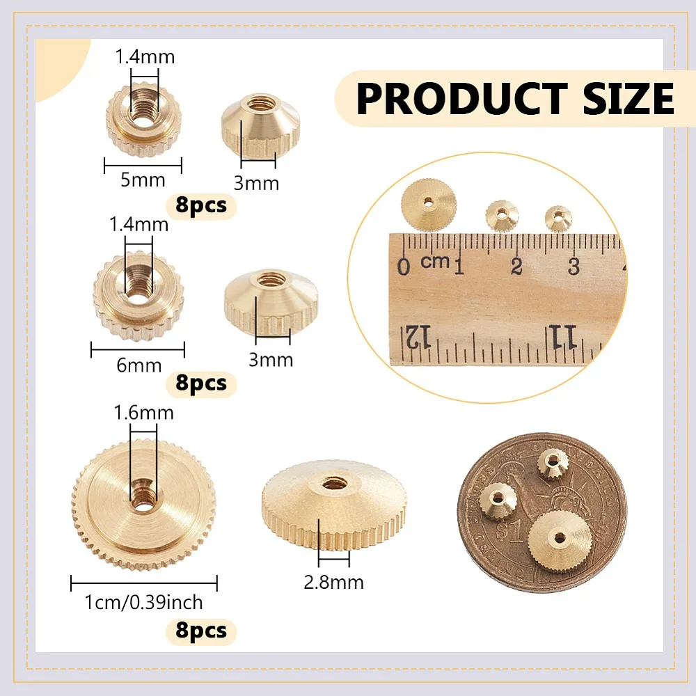 24Pcs Brass Clock Hand Nuts Assortment 5/6/10mm OD Flat Round Golden Nuts for Grandfather Wall Clock Repair and DIY Projects