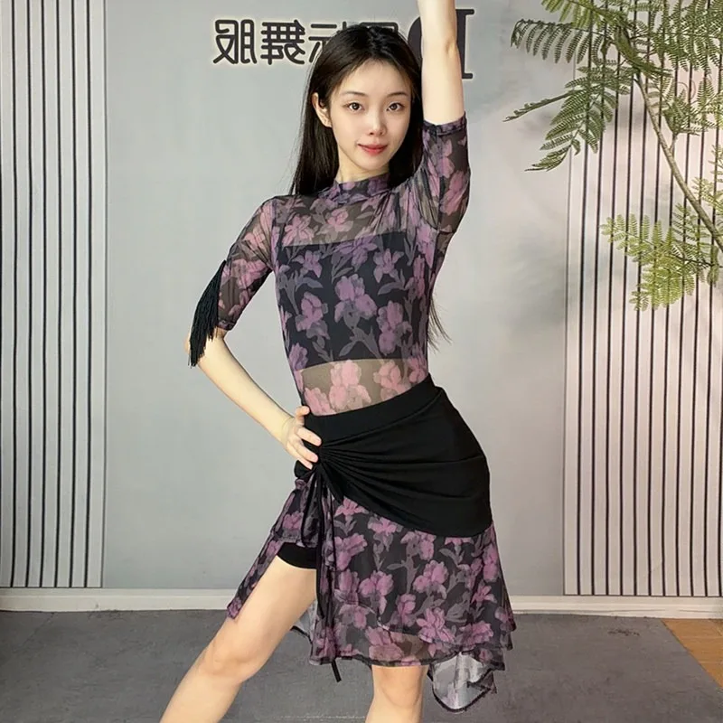

Women Latin Dance Outfit Short Sleeve Top & Split Skirt for Cha Cha Rumba Practice performance accessories Line dance clothing