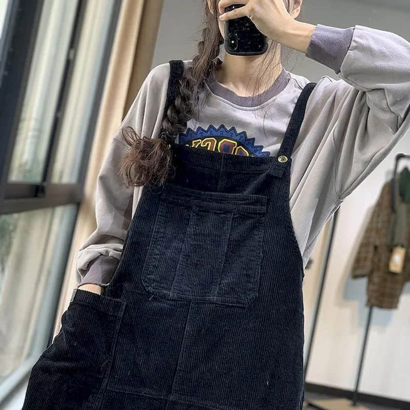Sztruksowe kombinezony damskie jednolity, gruby proste spodnie jednoczęściowy strój kobiety rompe luźny koreański styl Casual Vintage kombinezon