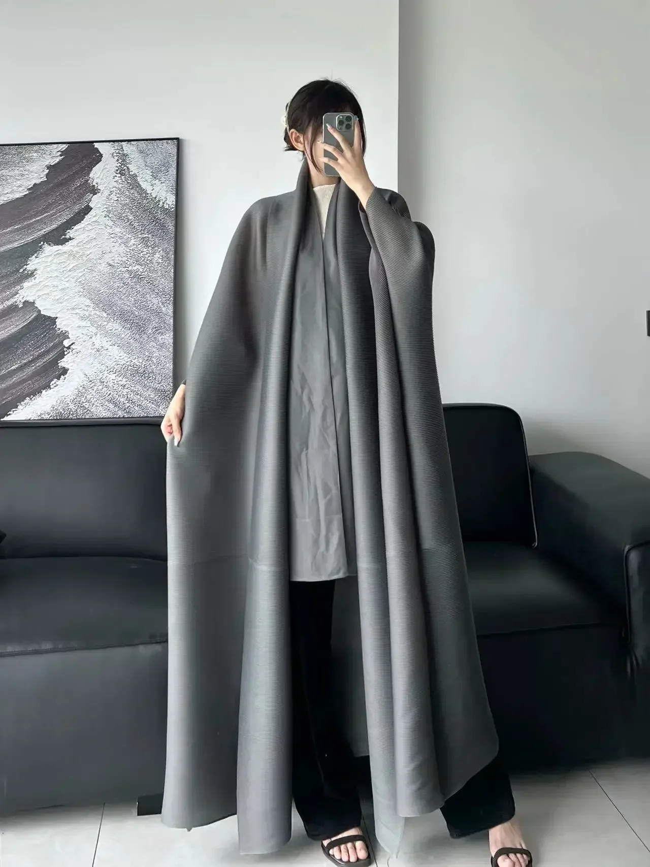 Pleats Robe Pleated Hundred Solid Color 2024 Summer Light Luxury Coat Coat Bat Sleeve Scarf Long Outer Cloak Long Robe Clothing