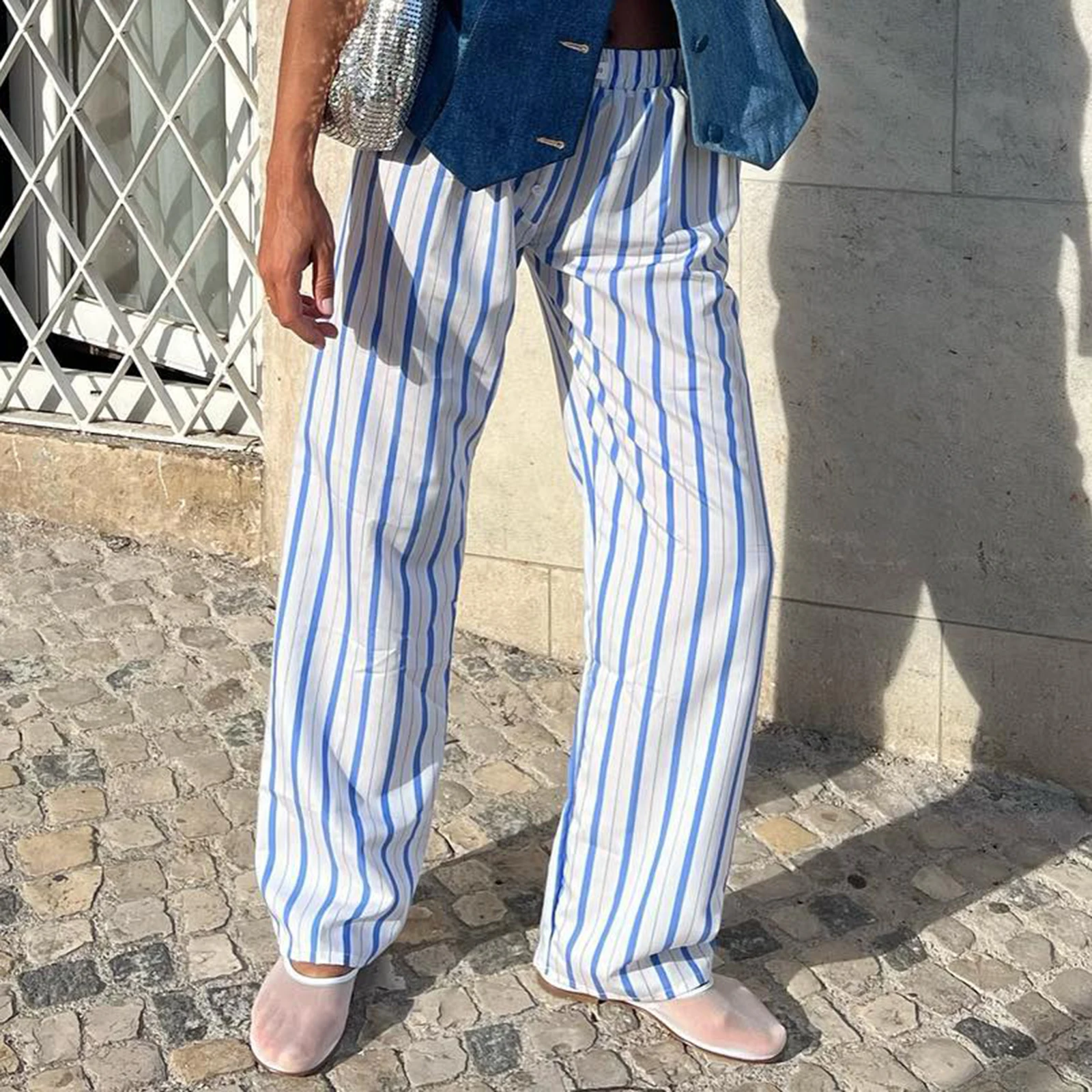 Combhasaki Womens Casual Cleanfit Striped Pants Elastic Low Waist Striped/Plaid Loose Aesthetic Trousers Streetwear with Pockets